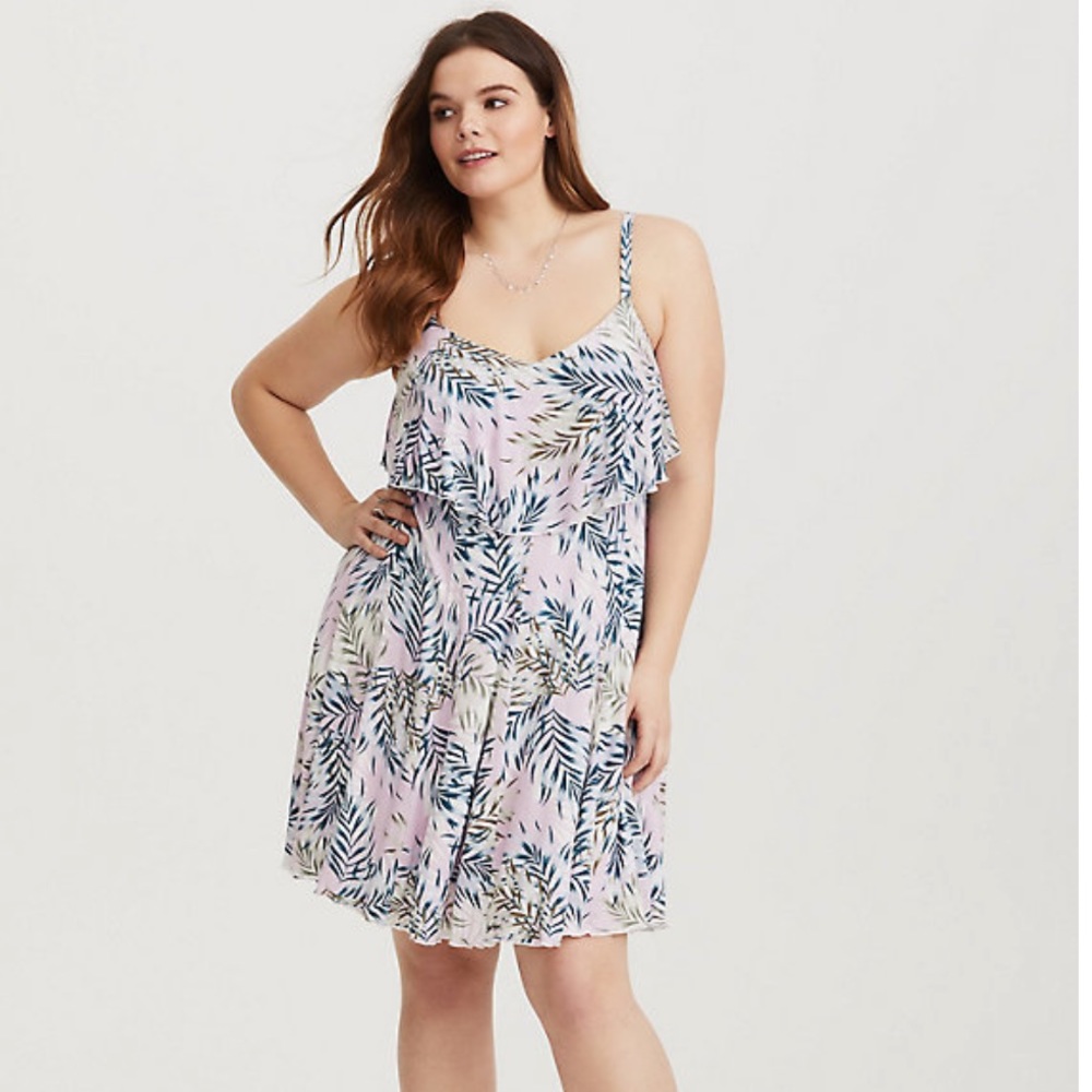 TORRID LILAC PALM LEAF V-NECK MINI DRESS